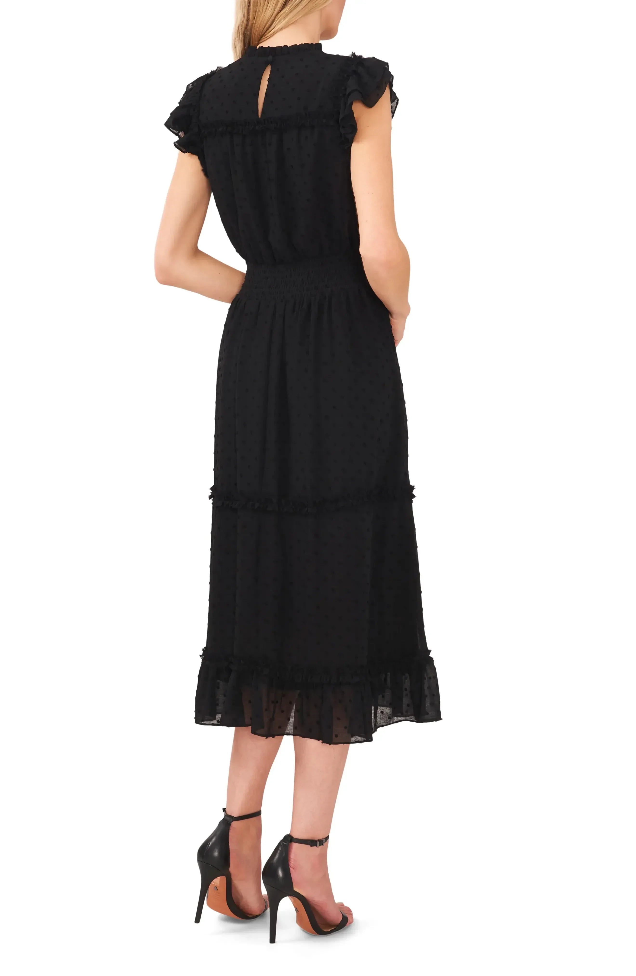 Charming A Line High Neck Ruffled Sleeve Keyhole Back Midi Evening Dress