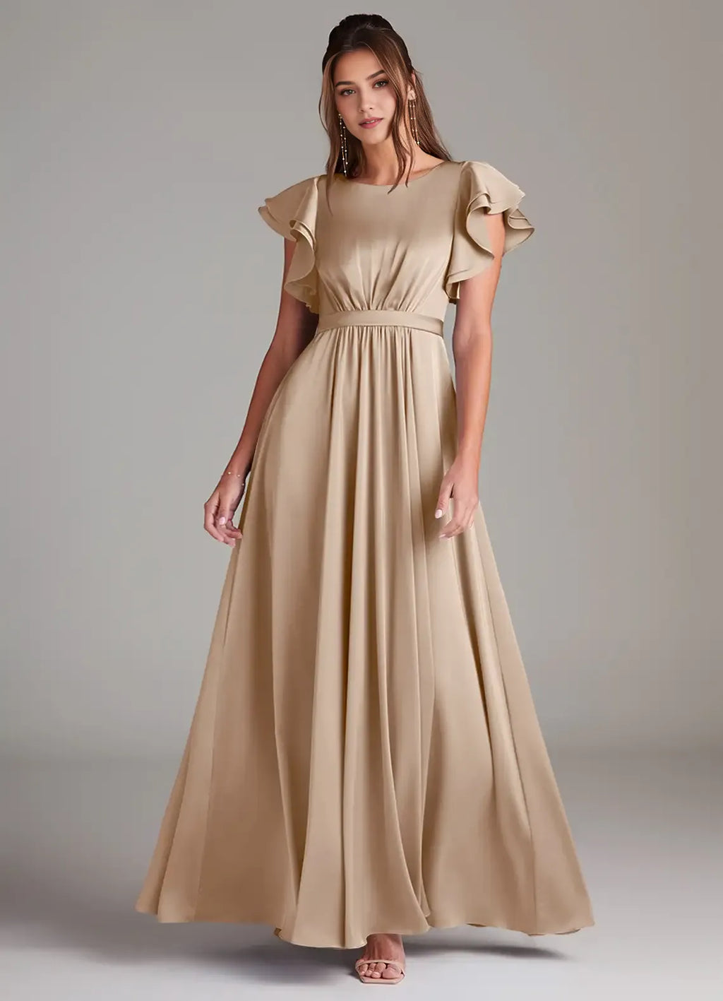 Charming A-Line Round Neck Ruffle Short Sleeve Pleated Back Floor Length Bridesmaid Dress