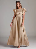 Charming A-Line Round Neck Ruffle Short Sleeve Pleated Back Floor Length Bridesmaid Dress