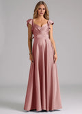 Charming A-Line Satin V Neck Ruffle Sleeve Open Back Floor Length Bridesmaid Dress