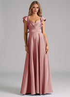 Charming A-Line Satin V Neck Ruffle Sleeve Open Back Floor Length Bridesmaid Dress