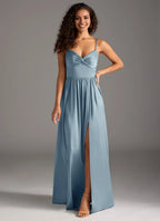 Charming A-Line Satin V Neck Spaghetti Strap Bow Cutout Back Floor Length Bridesmaid Dress