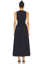Charming A Line Scallop Neck Sleeveless Smocked Back Midi Evening Dress