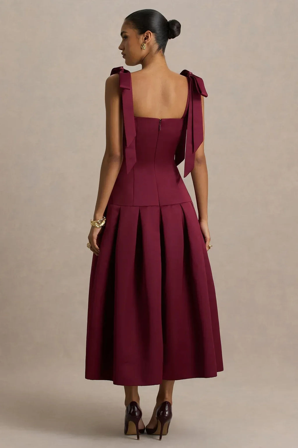 Charming A Line Square Neck Bow Strap Zipper Back Midi Length Evening Dress