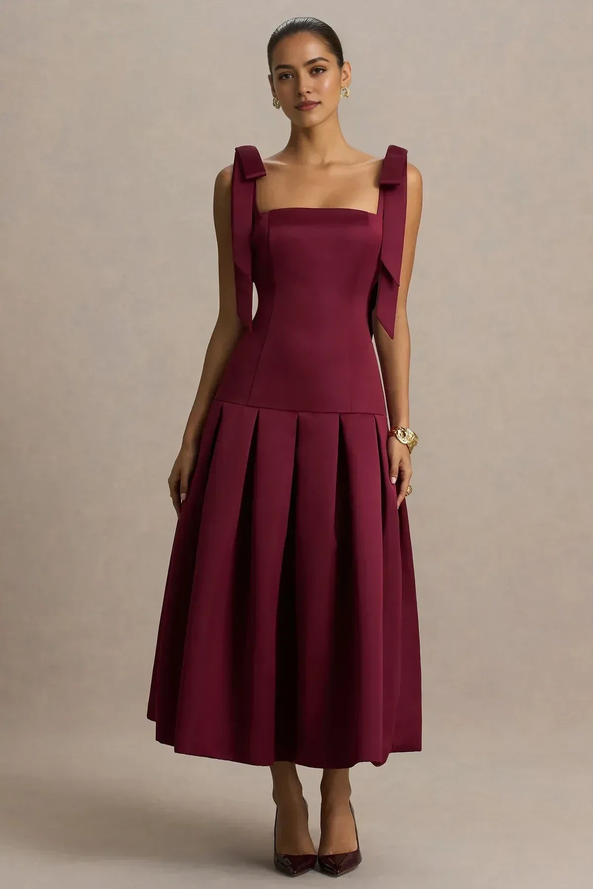 Charming A Line Square Neck Bow Strap Zipper Back Midi Length Evening Dress