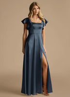 Charming A-Line Square Neck Ruffle Short Sleeve Tie Back Floor Length Bridesmaid Dress