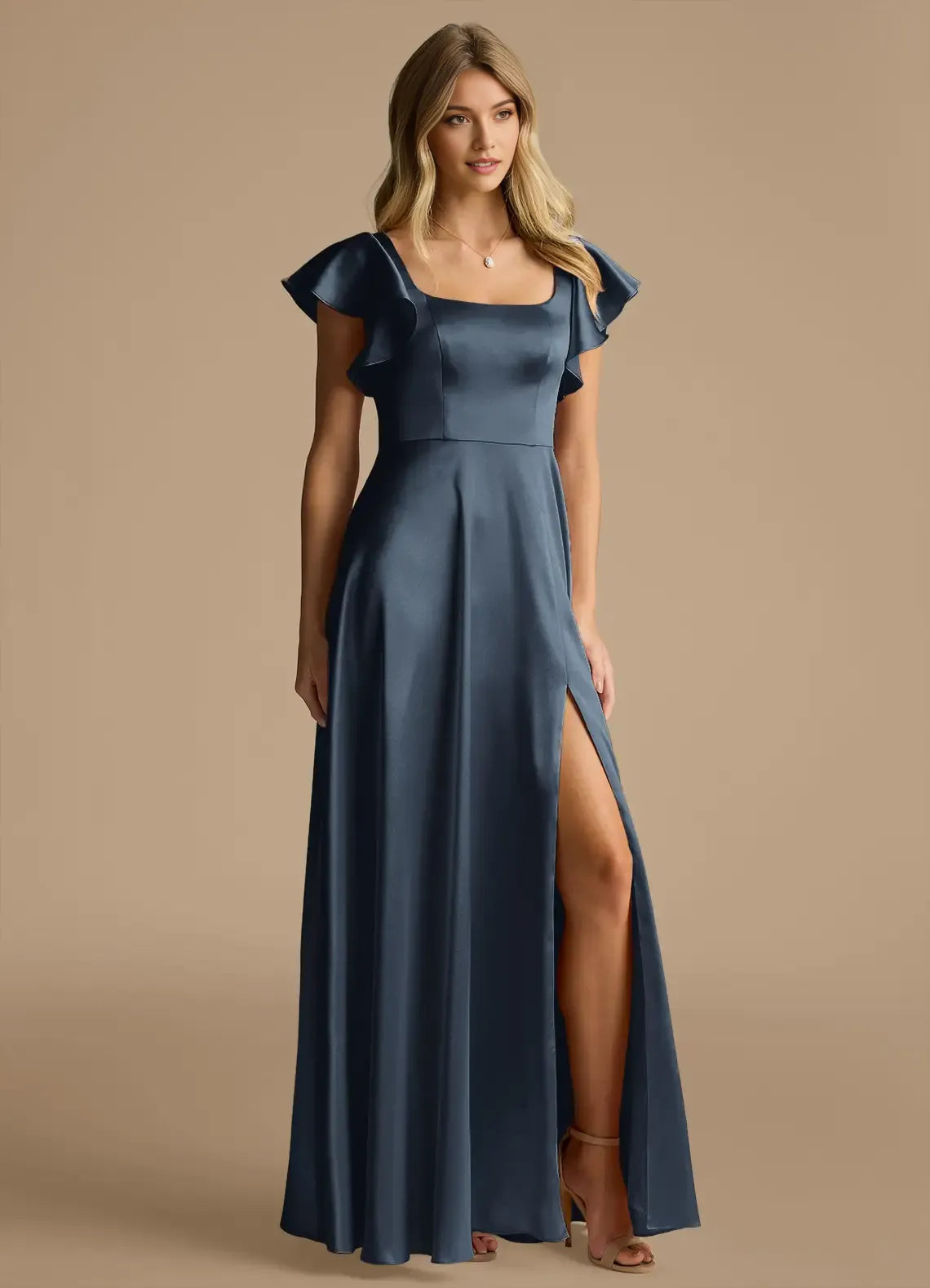 Charming A-Line Square Neck Ruffle Short Sleeve Tie Back Floor Length Bridesmaid Dress