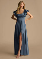 Charming A-Line Square Neck Ruffle Short Sleeve Tie Back Floor Length Bridesmaid Dress