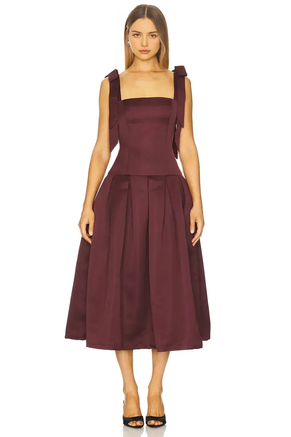 Charming A Line Square Neck Sleeveless Bow Back Midi Evening Dress