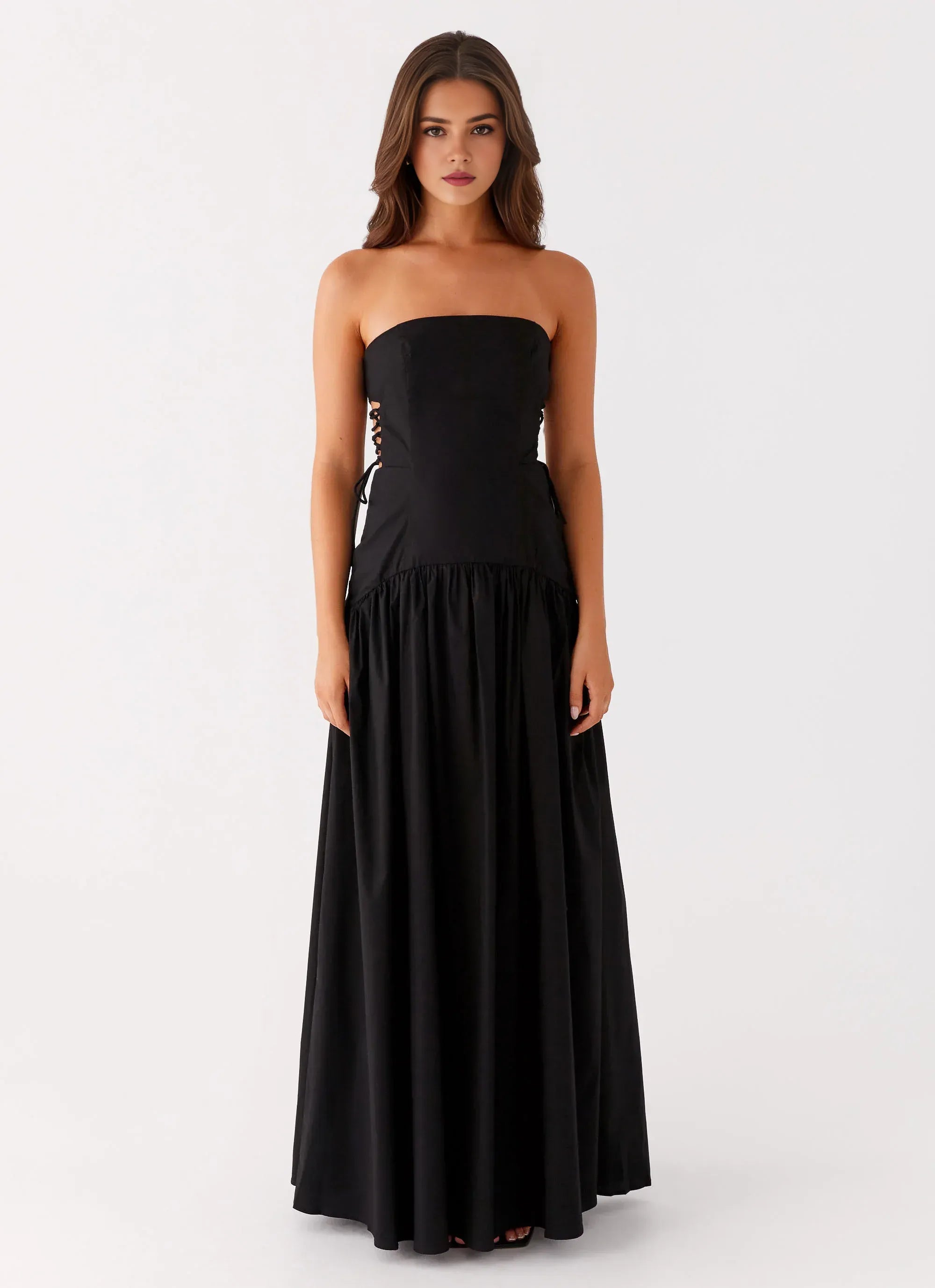 Charming A Line Strapless Sleeveless Lace Up Back Floor Length Plus Size Evening Dress