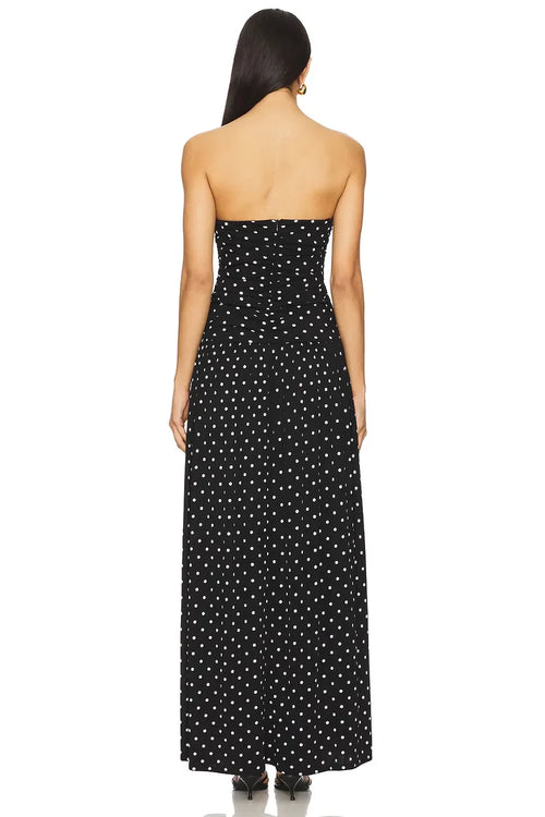 Charmante robe de soirée longue à pois, coupe trapèze, bustier et sans manches