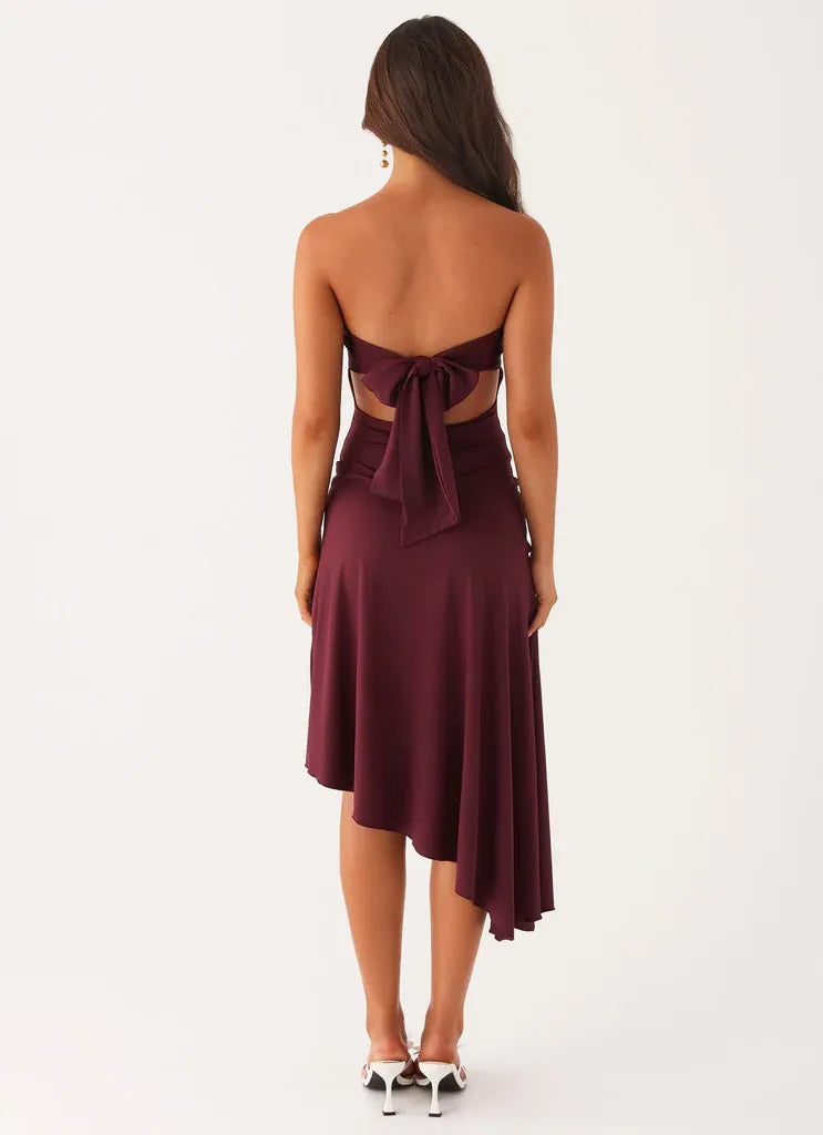Charming A Line Strapless Sleeveless Tie Back Asymmetrical Length Plus Size Evening Dress
