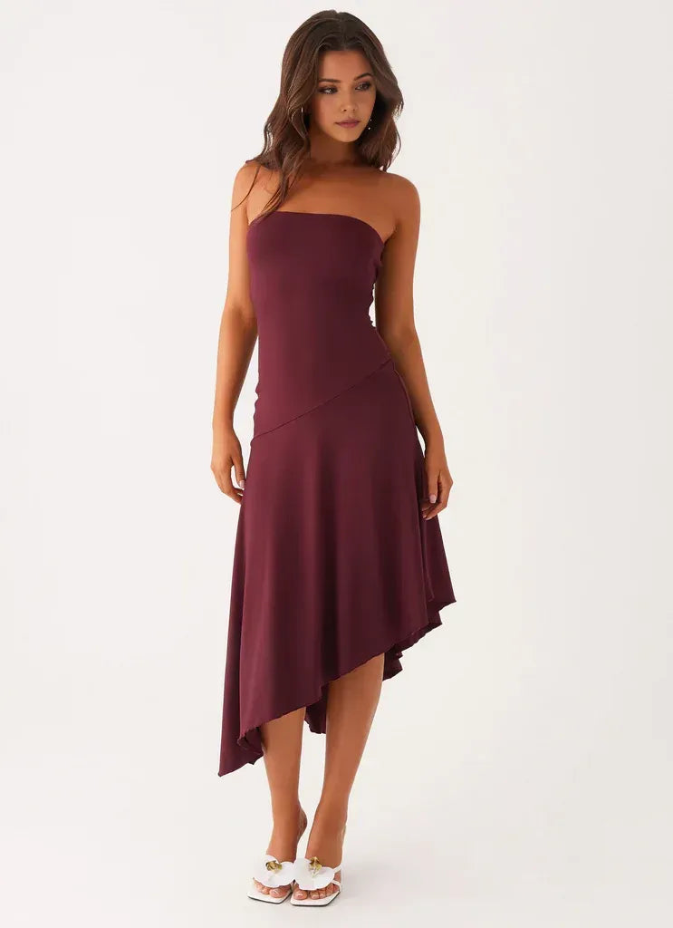 Charming A Line Strapless Sleeveless Tie Back Asymmetrical Length Plus Size Evening Dress