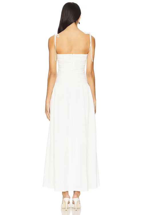 Charmante robe de soirée midi trapèze bustier à nouer sans manches et dos drapé