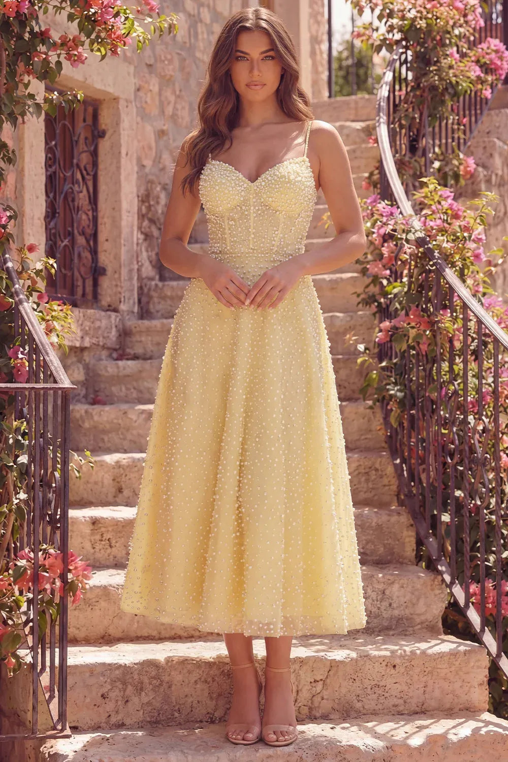 Charming A-Line Sweetheart Spaghetti Strap Beaded Midi Cocktail Dress