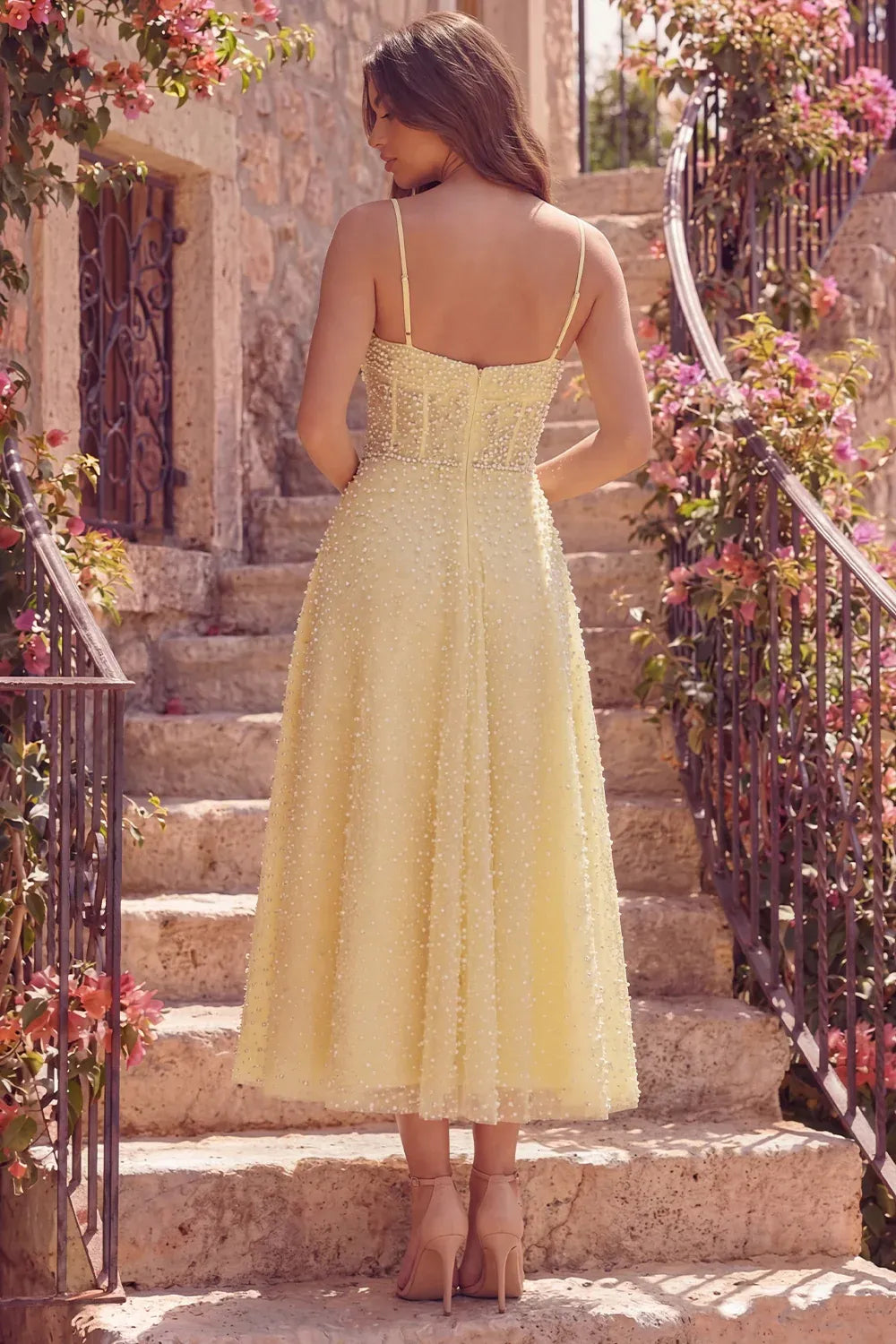 Charming A-Line Sweetheart Spaghetti Strap Beaded Midi Cocktail Dress