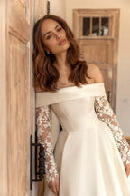 Charming Ball Gown Off Shoulder Lace Long Sleeve Open Back Long Length Wedding Dress