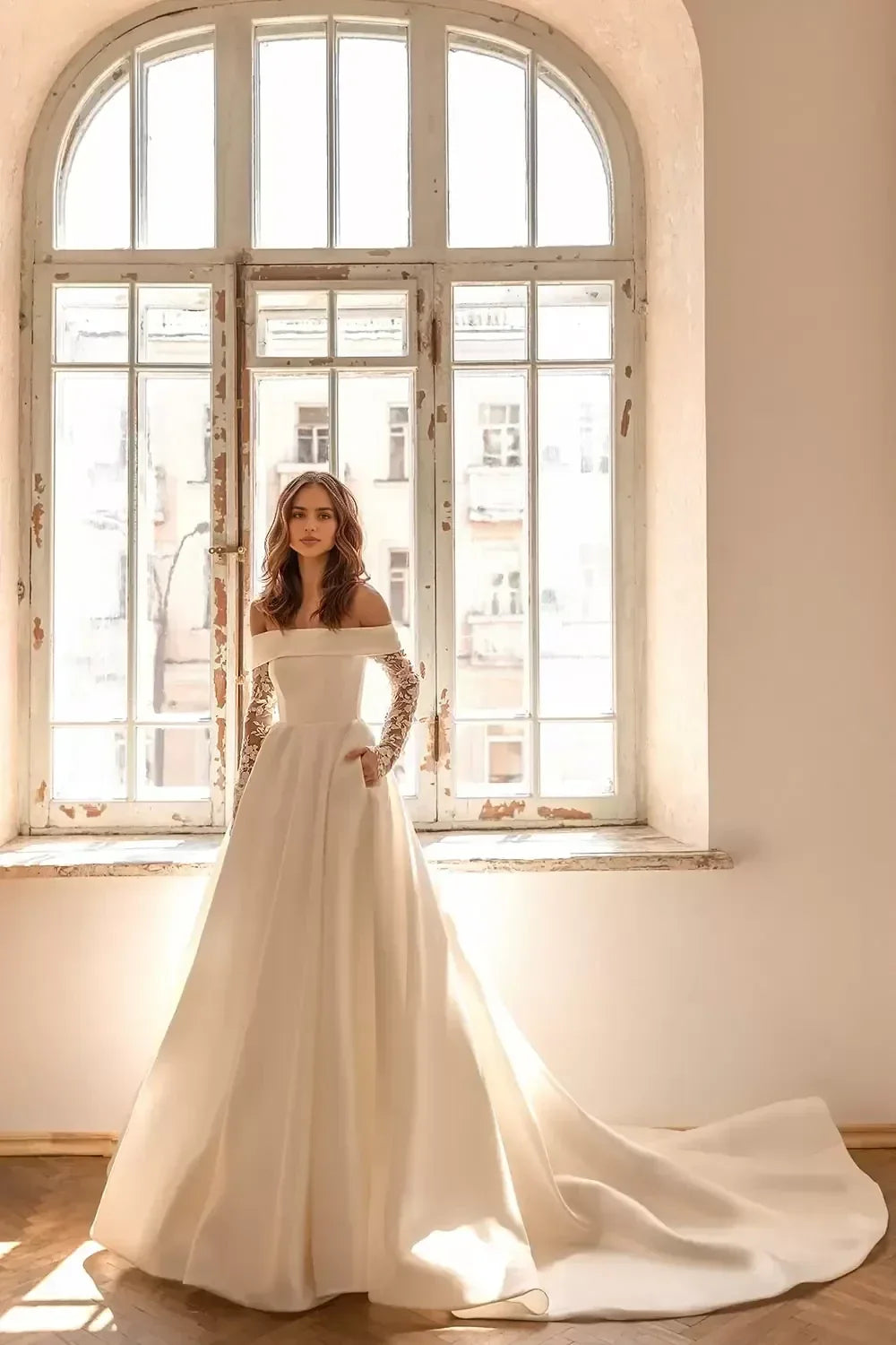 Charming Ball Gown Off Shoulder Lace Long Sleeve Open Back Long Length Wedding Dress