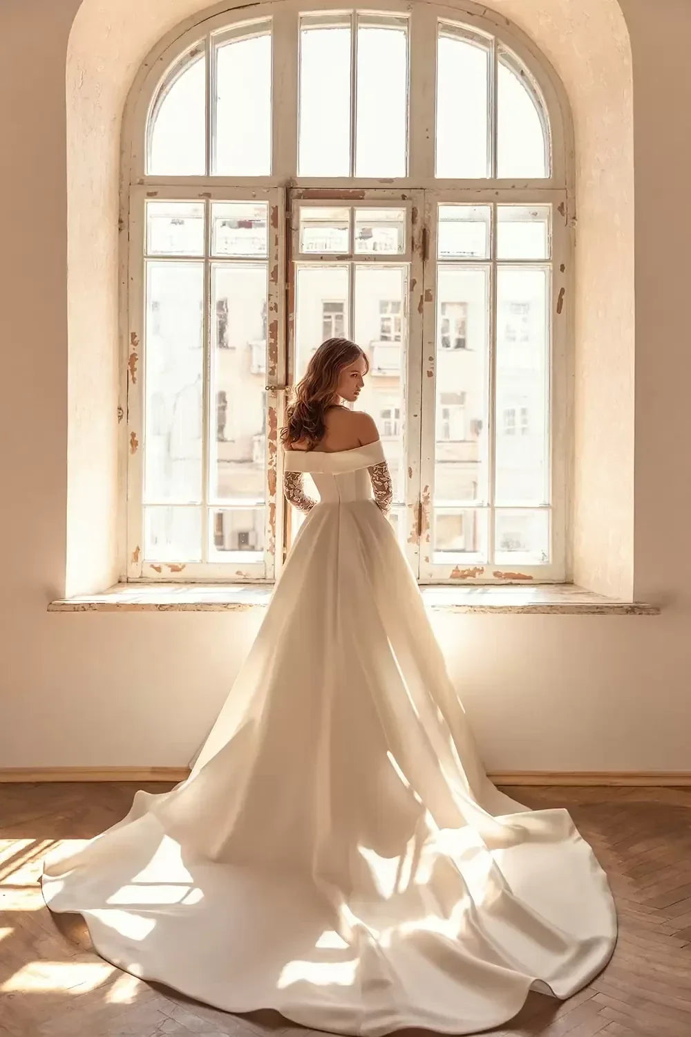Charming Ball Gown Off Shoulder Lace Long Sleeve Open Back Long Length Wedding Dress