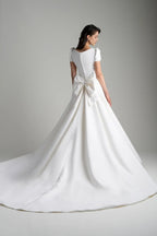Charming Ball Gown Square Neck Short Sleeve Bow Back Floor Length Wedding Dress