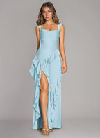 Charming High Low Satin Square Neck Sleeveless Open Back Floor Length Bridesmaid Dress