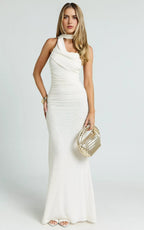 Charming Mermaid Asymmetric Halter Sleeveless Draped Back Floor Length Plus Size Evening Dress