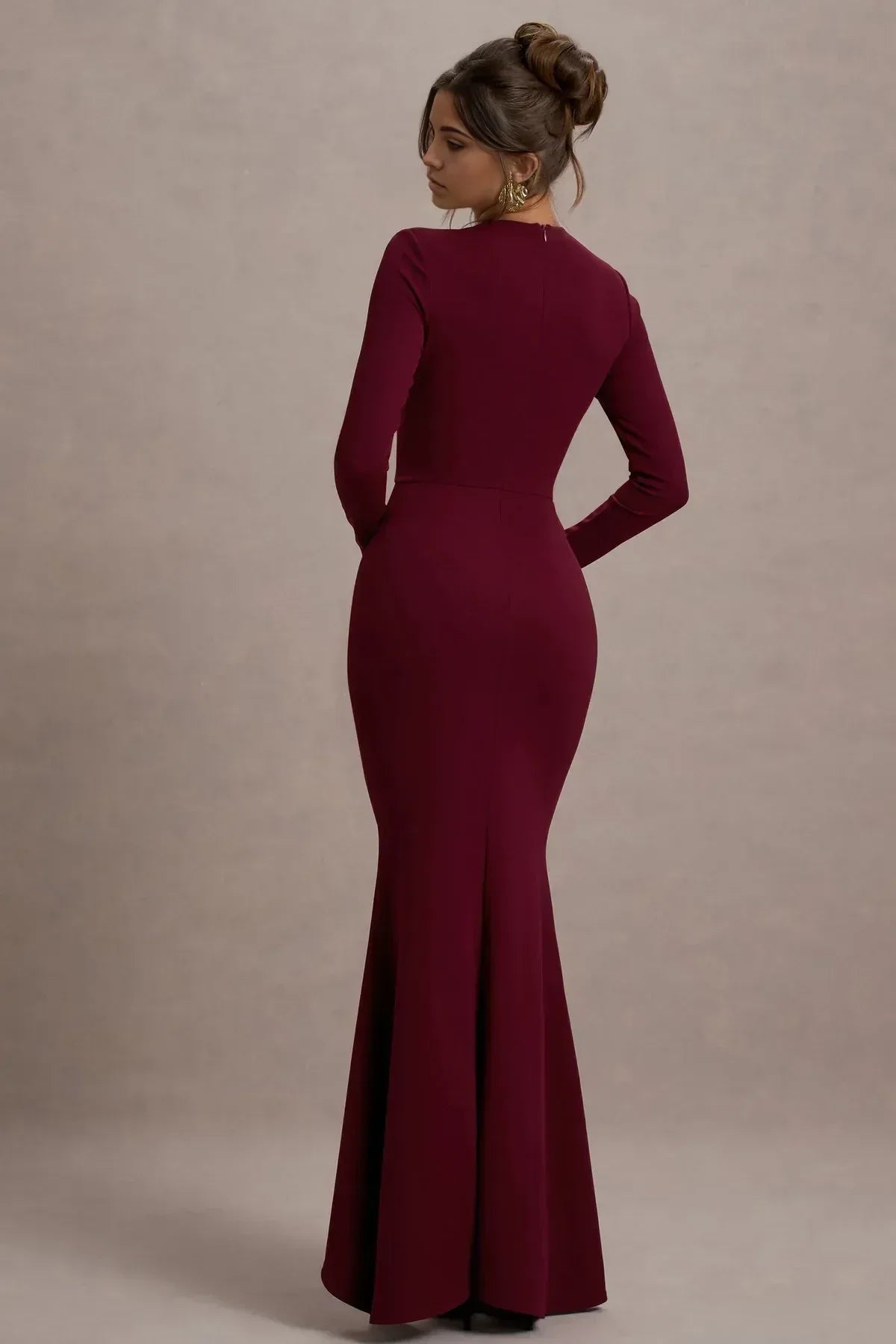 Charming Mermaid Crew Neck Long Sleeve Ruffled Side Floor Length Evening Dress