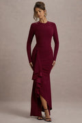 Charming Mermaid Crew Neck Long Sleeve Ruffled Side Floor Length Evening Dress