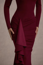 Charming Mermaid Crew Neck Long Sleeve Ruffled Side Floor Length Evening Dress
