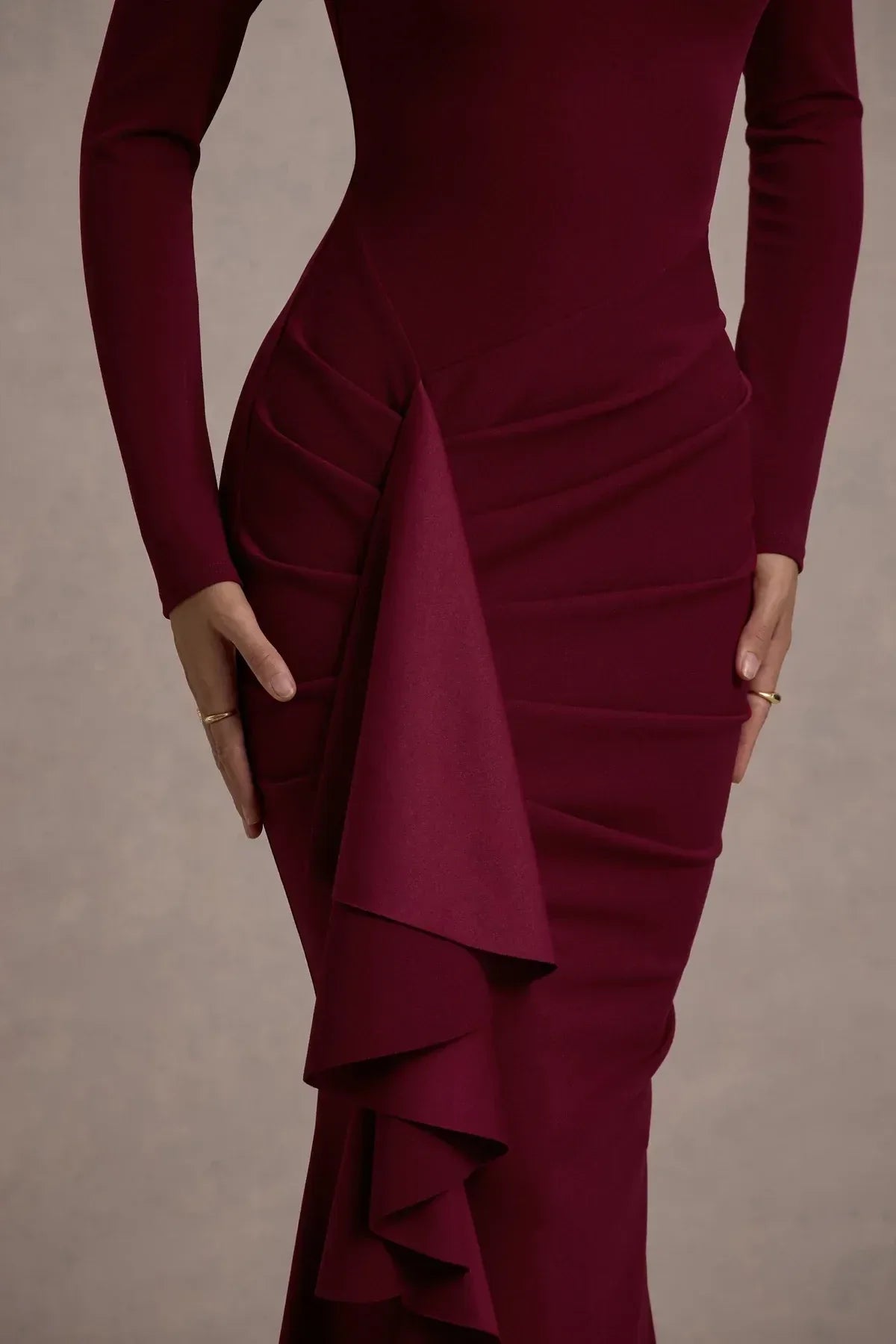 Charming Mermaid Crew Neck Long Sleeve Ruffled Side Floor Length Evening Dress