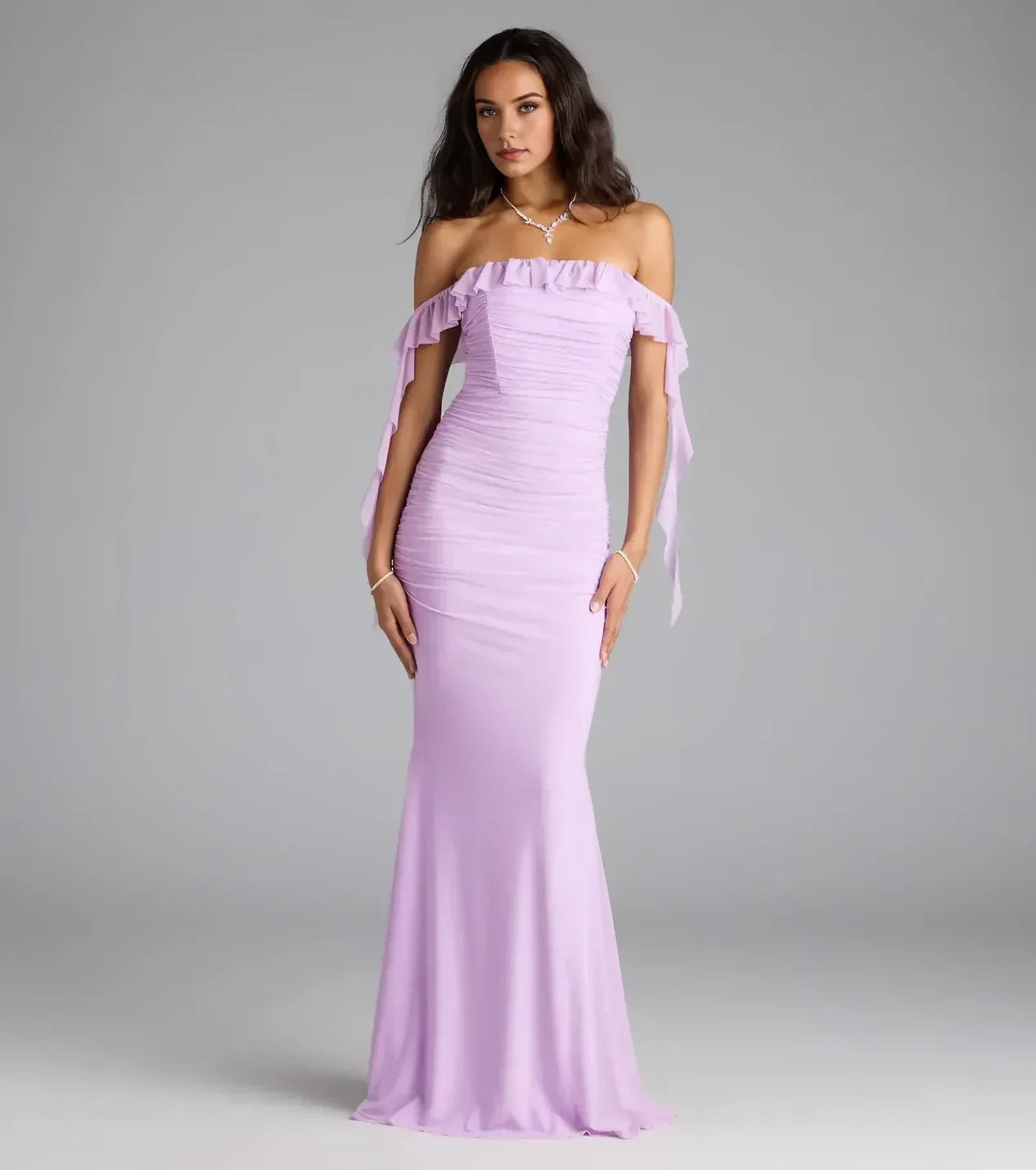 Charming Mermaid Off Shoulder Ruffle Short Sleeve Zipper Back Floor Length Prom Dress