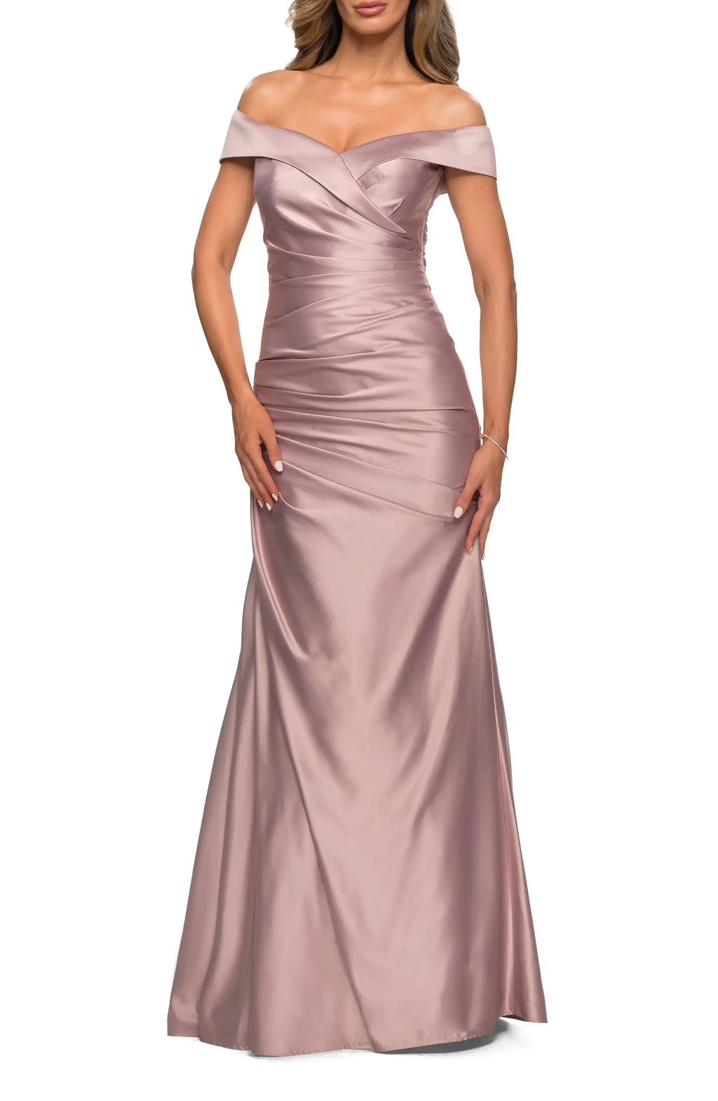 Charming Mermaid Off Shoulder Short Sleeve Ruched Back Floor Length Evening Dress