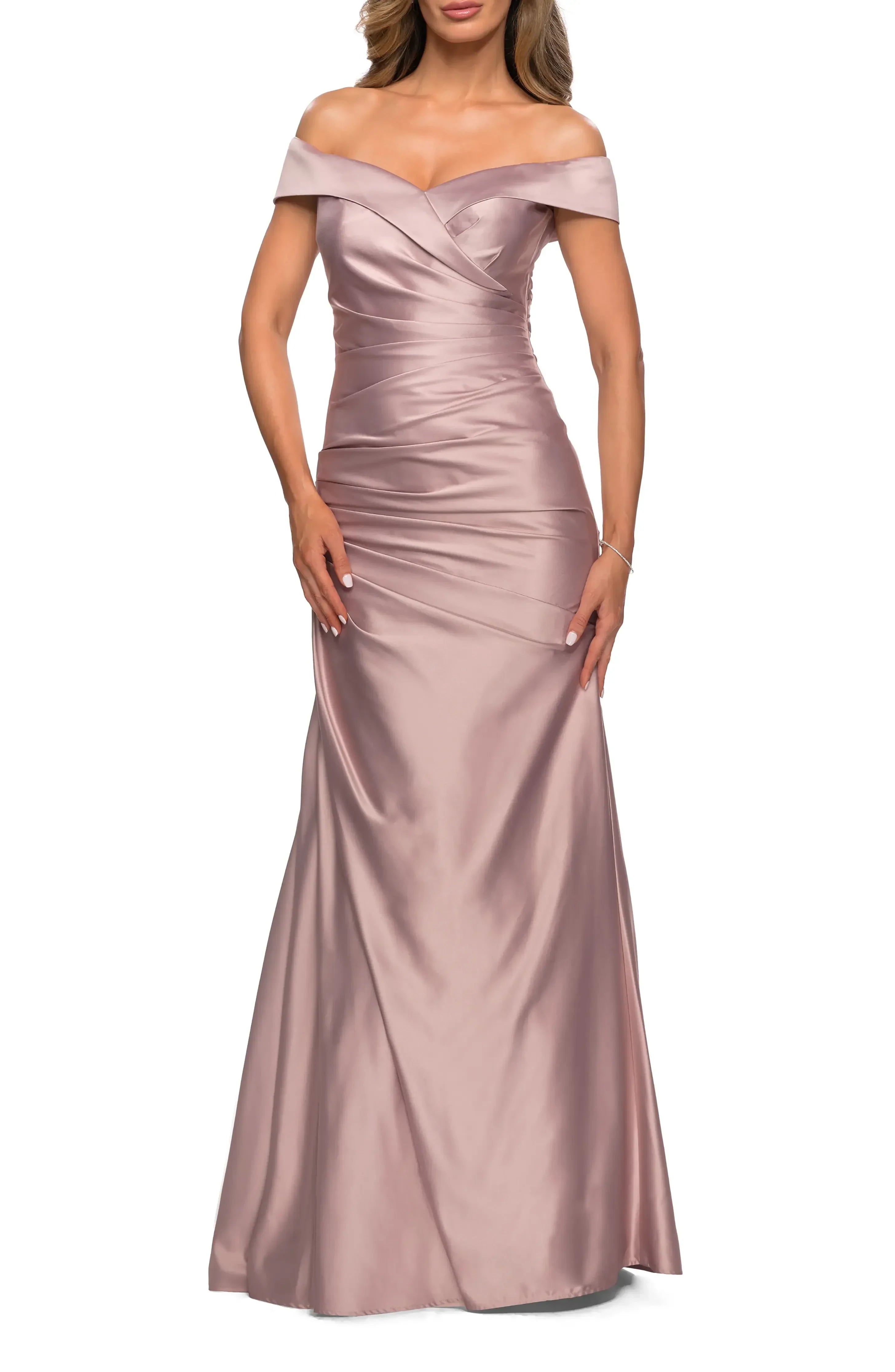 Charming Mermaid Off Shoulder Short Sleeve Ruched Back Floor Length Evening Dress