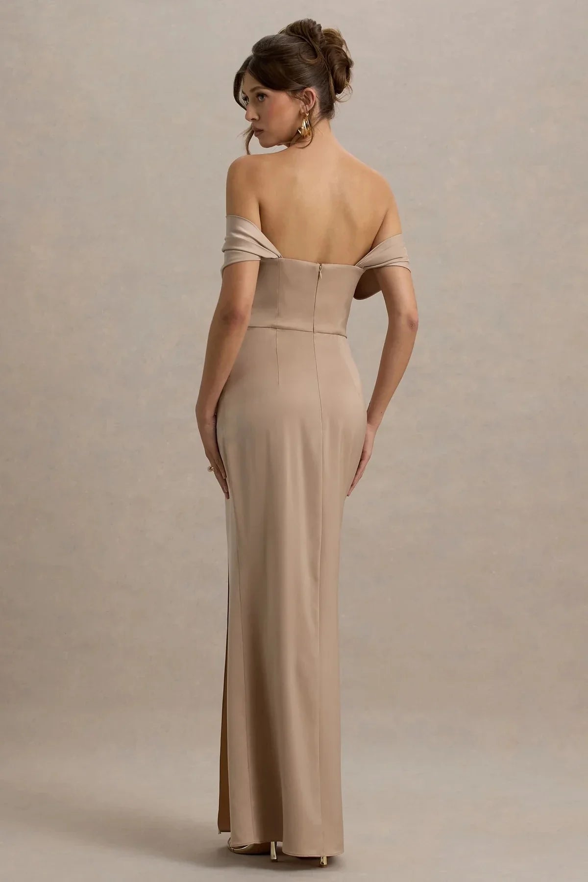 Charming Mermaid Off Shoulder Short Sleeve Ruched Side High Slit Floor Length Evening Dress