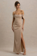 Charming Mermaid Off Shoulder Short Sleeve Ruched Side High Slit Floor Length Evening Dress