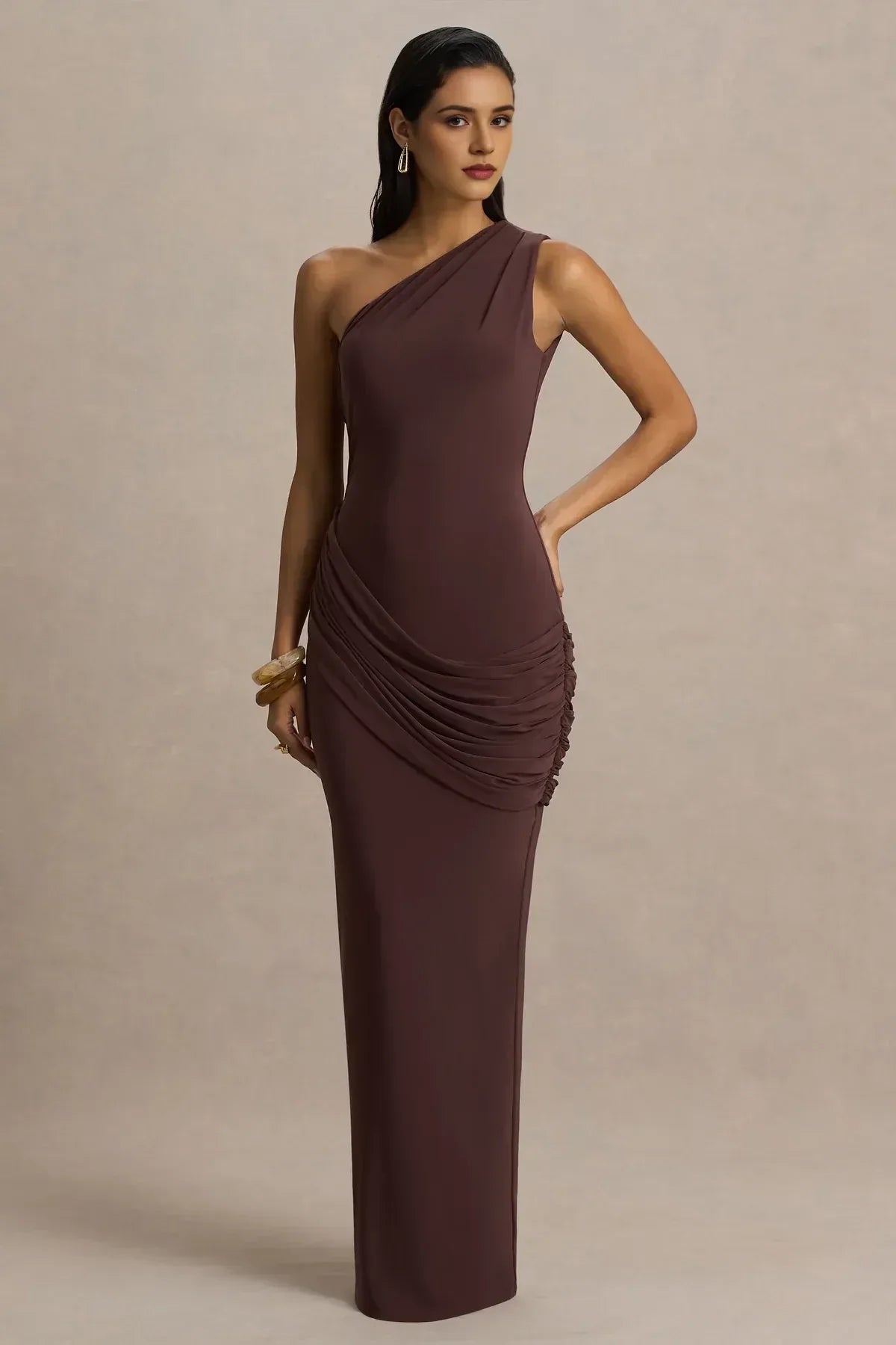 Charming Mermaid One Shoulder Draped Sleeve Open Back Floor Length Evening Dress
