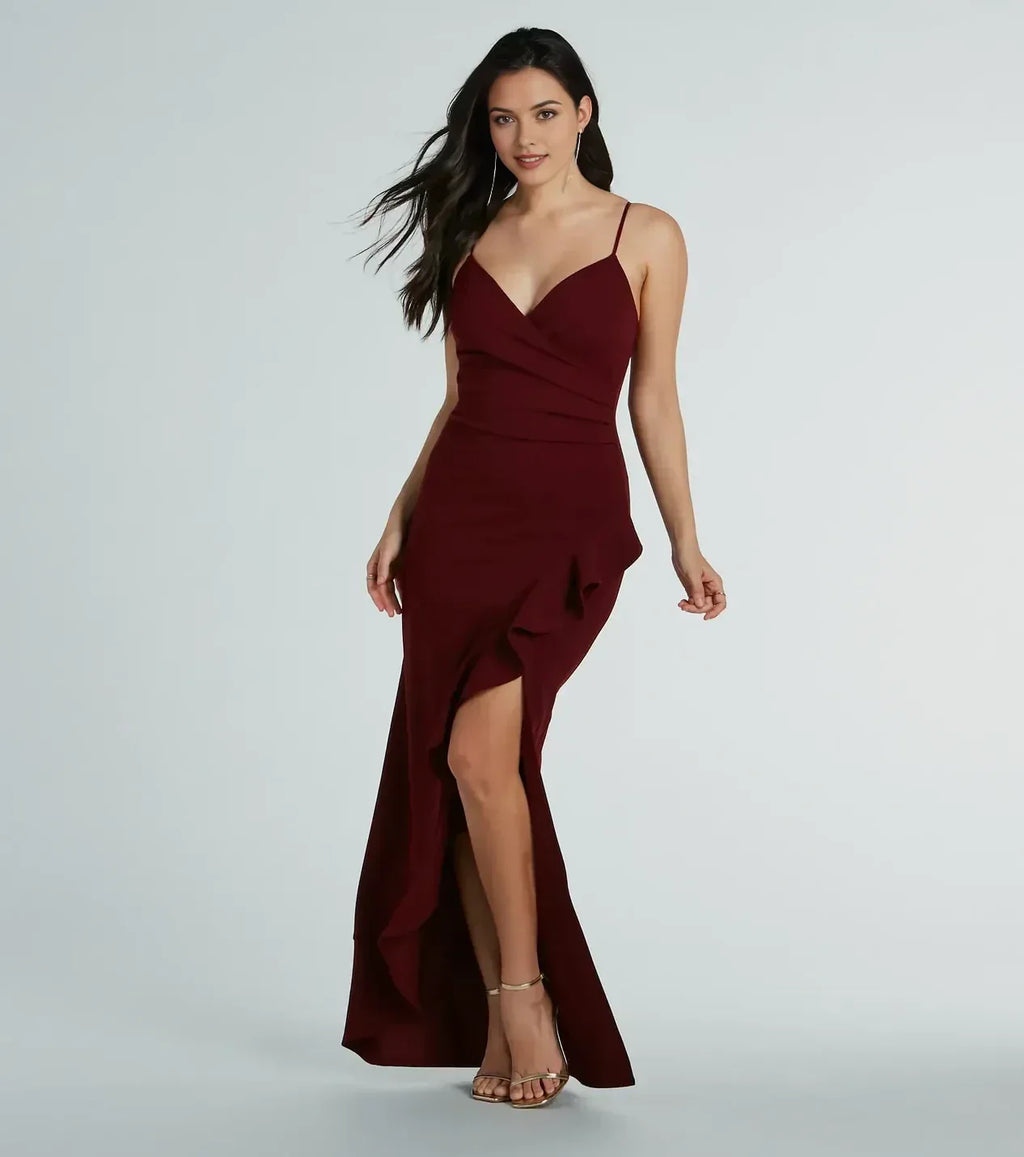 Charming Mermaid Plunge Neck Spaghetti Strap Ruffle Side Zipper Back Floor Length Prom Dress