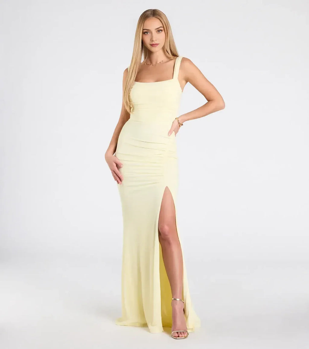 Charming Mermaid Square Neck Sleeveless Bow Back Floor Length Prom Dress