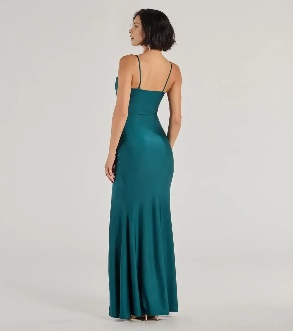 Charming Mermaid Square Neck Spaghetti Strap Ruched Side Zipper Back Floor Length Prom Dress