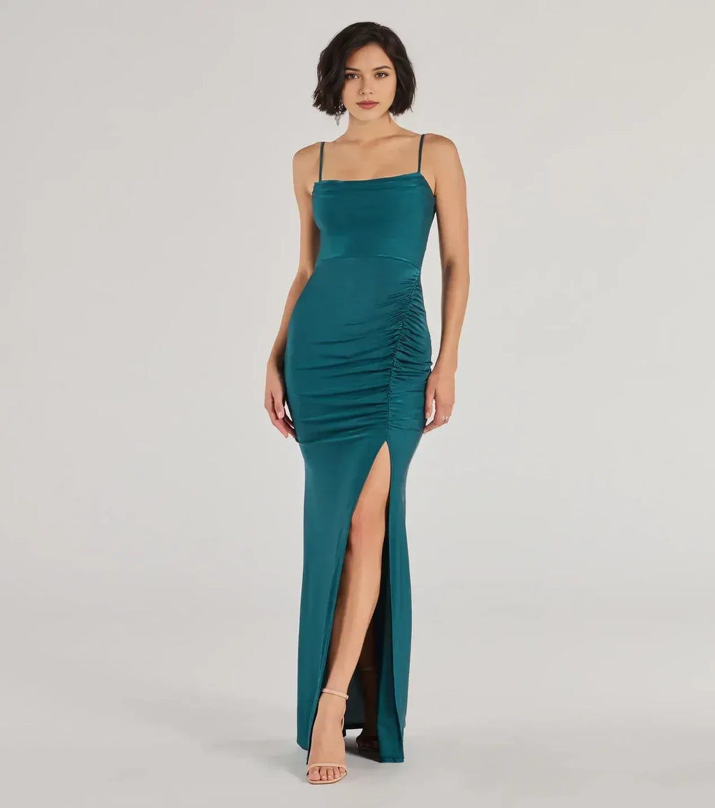 Charming Mermaid Square Neck Spaghetti Strap Ruched Side Zipper Back Floor Length Prom Dress