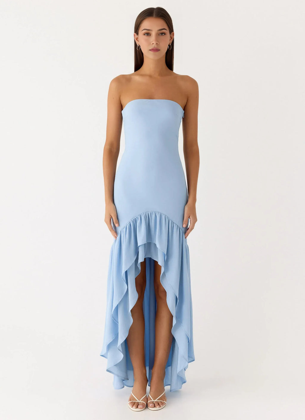 Charming Mermaid Strapless Sleeveless High Low Ruffled Floor Length Plus Size Evening Dress