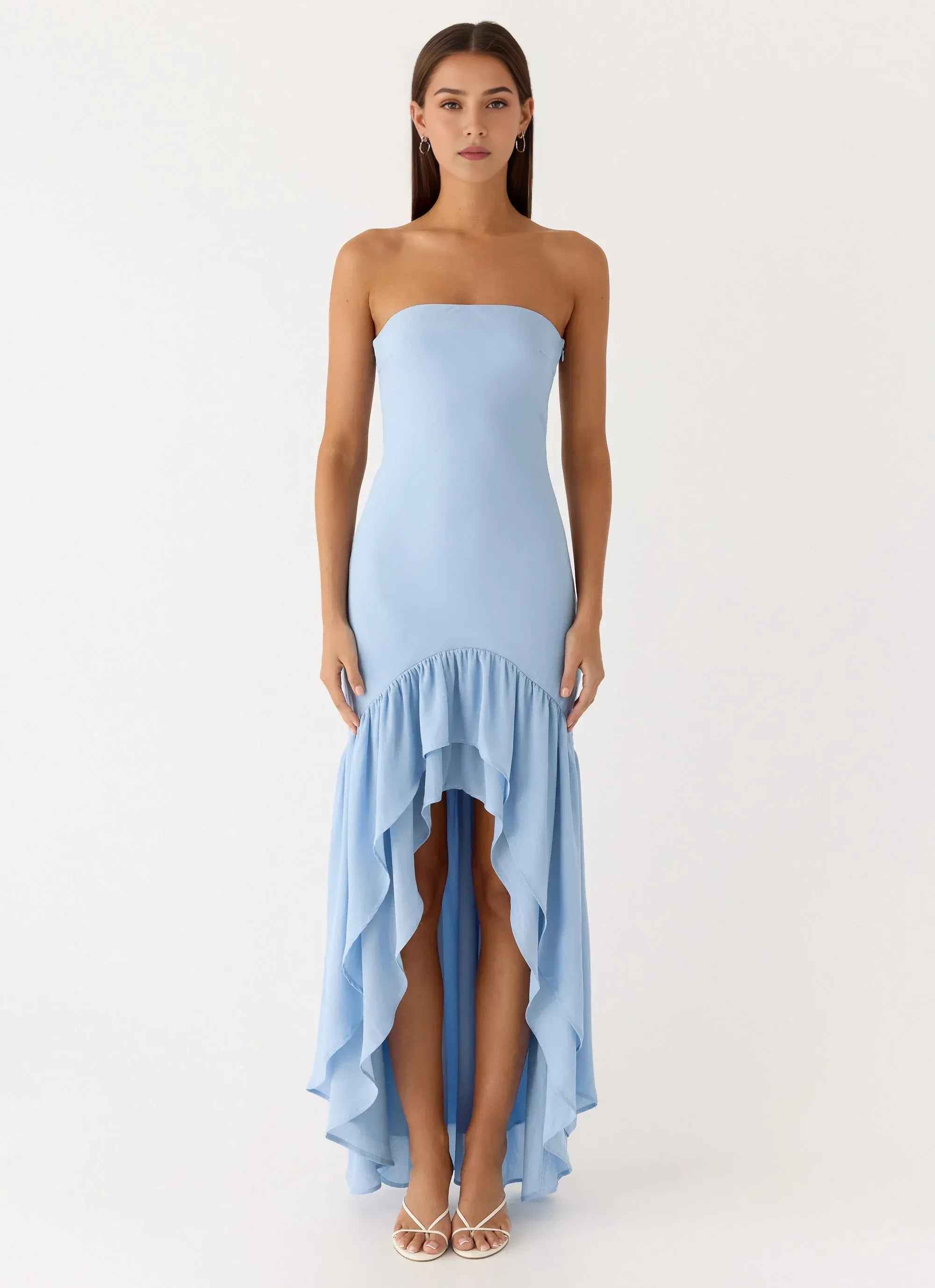 Charming Mermaid Strapless Sleeveless High Low Ruffled Floor Length Plus Size Evening Dress