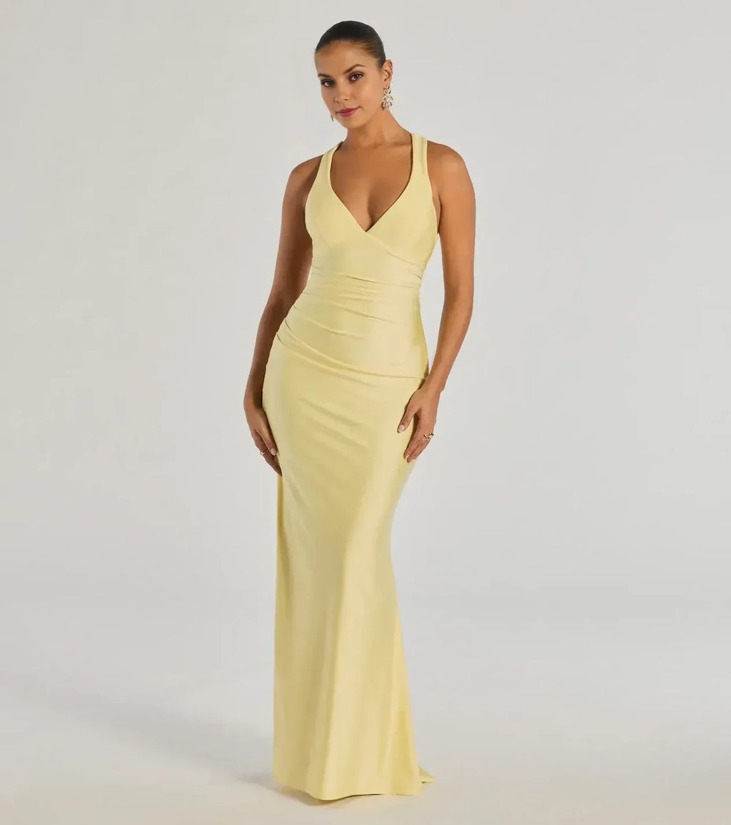 Charming Mermaid V Neck Sleeveless Crisscross Back Floor Length Prom Dress
