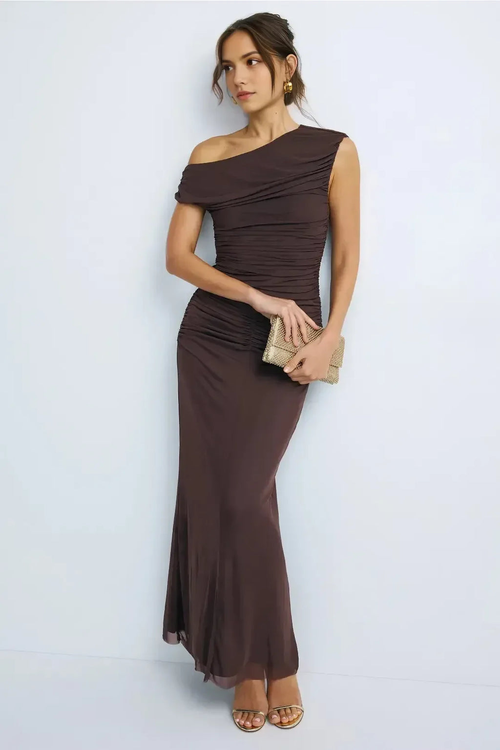 Charming Sheath Asymmetric Neck Sleeveless Ruched Bodice Floor Length Plus Size Prom Dress