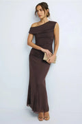 Charming Sheath Asymmetric Neck Sleeveless Ruched Bodice Floor Length Plus Size Prom Dress