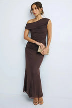 Charming Sheath Asymmetric Neck Sleeveless Ruched Bodice Floor Length Plus Size Prom Dress
