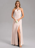 Charming Sheath Chiffon Halter Neck Sleeveless Bow Back Floor Length Bridesmaid Dress