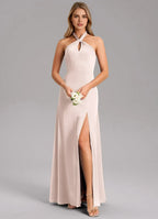 Charming Sheath Chiffon Halter Neck Sleeveless Bow Back Floor Length Bridesmaid Dress