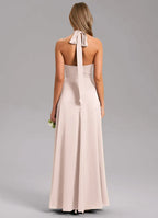 Charming Sheath Chiffon Halter Neck Sleeveless Bow Back Floor Length Bridesmaid Dress