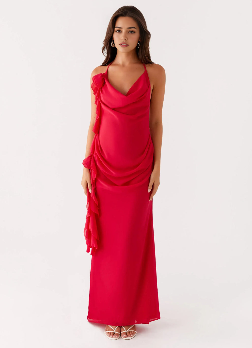 Charming Sheath Cowl Neck Sleeveless Ruffled Trim Floor Length Plus Size Evening Dress